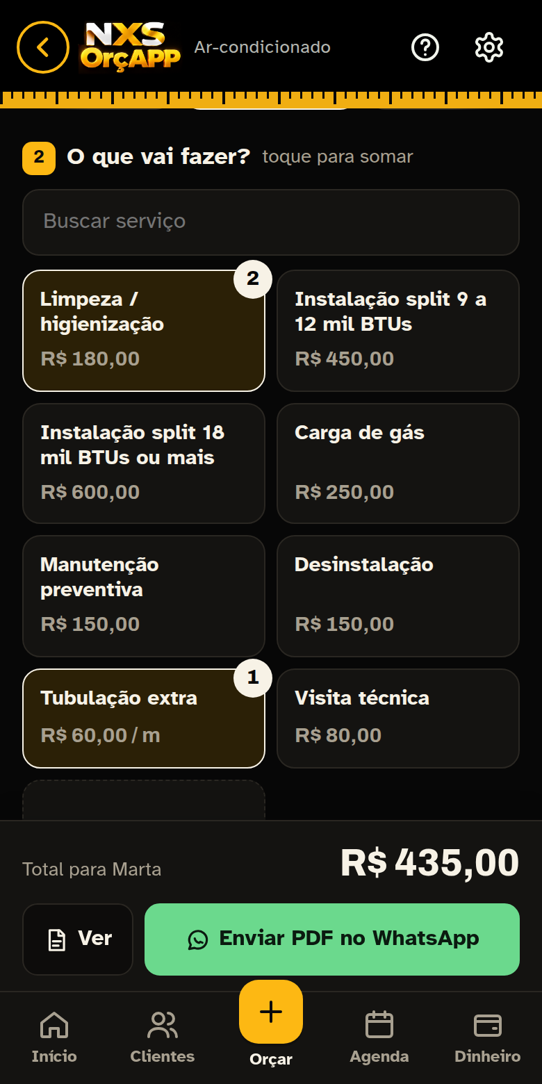 Montando um orçamento: serviços com preço e quantidade